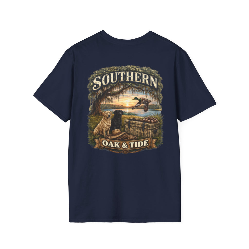Southern Oak & Tide T-Shirt — Hunting Dogs, Duck & Sunset Graphic Tee