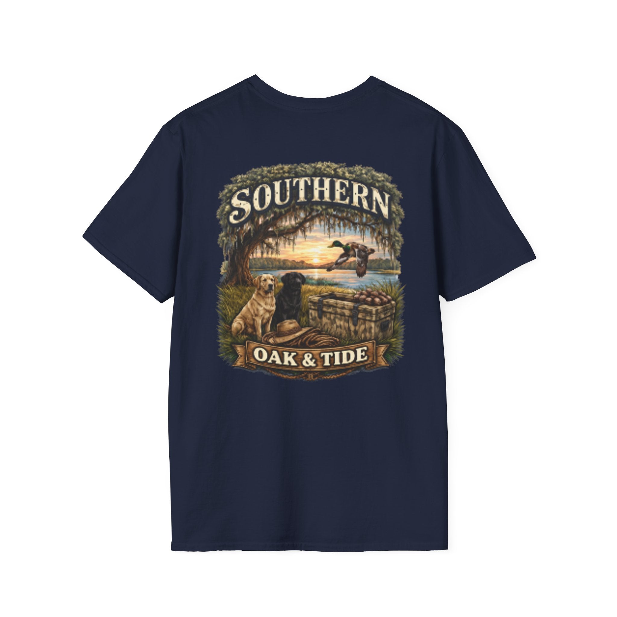 Southern Oak & Tide T-Shirt — Hunting Dogs, Duck & Sunset Graphic Tee
