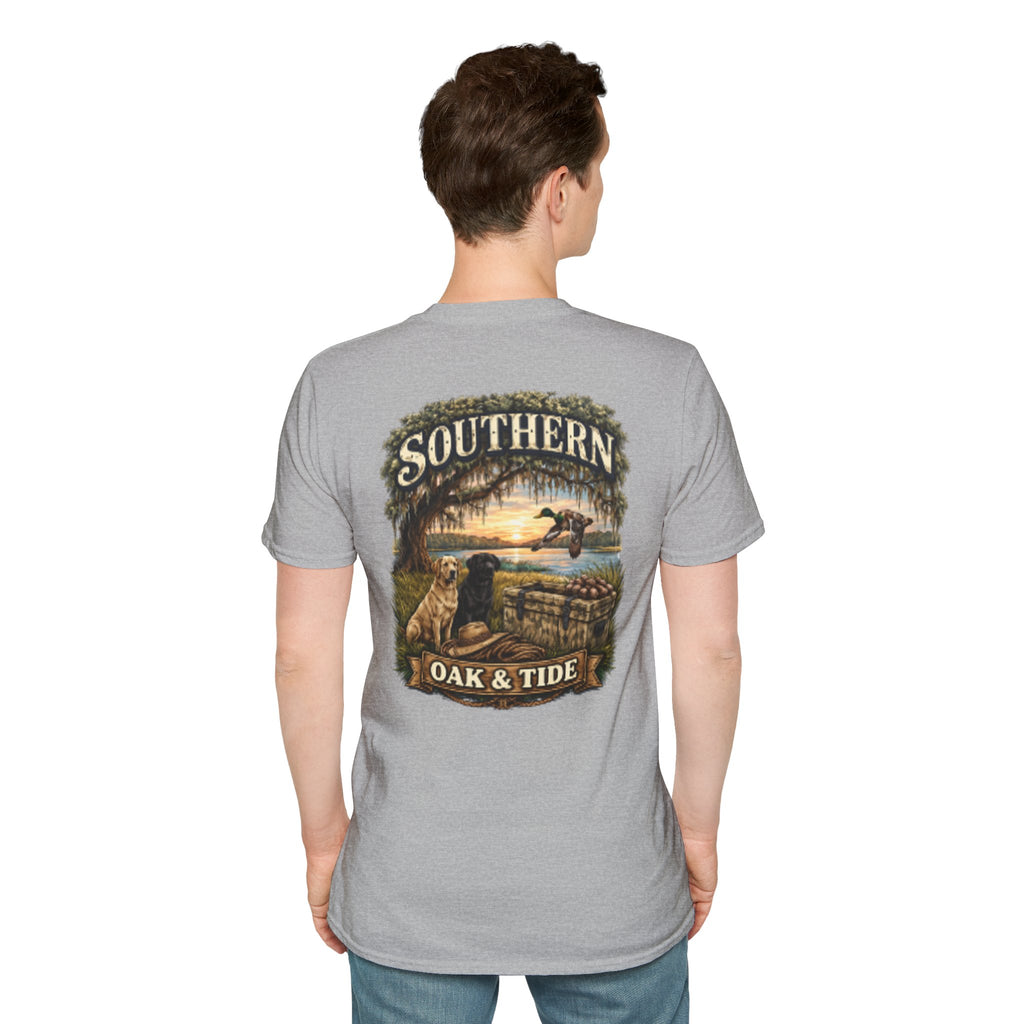 Southern Oak & Tide T-Shirt — Hunting Dogs, Duck & Sunset Graphic Tee