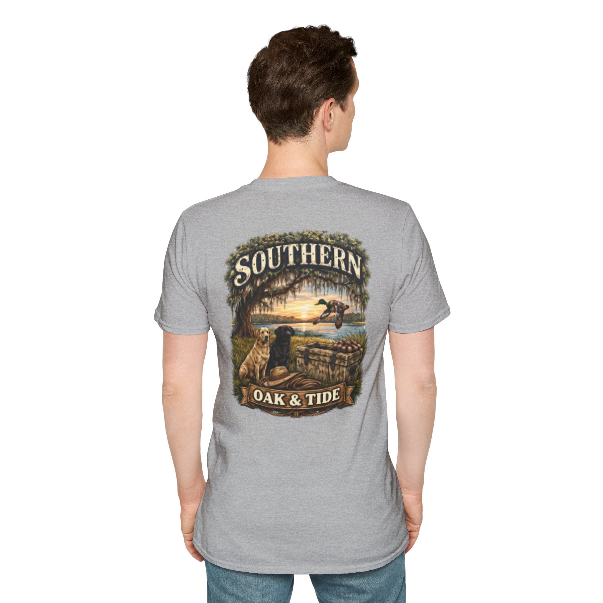 Southern Oak & Tide T-Shirt — Hunting Dogs, Duck & Sunset Graphic Tee