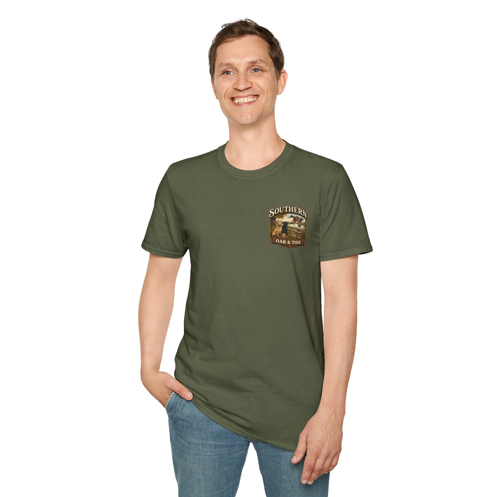 Southern Oak & Tide T-Shirt — Hunting Dogs, Duck & Sunset Graphic Tee