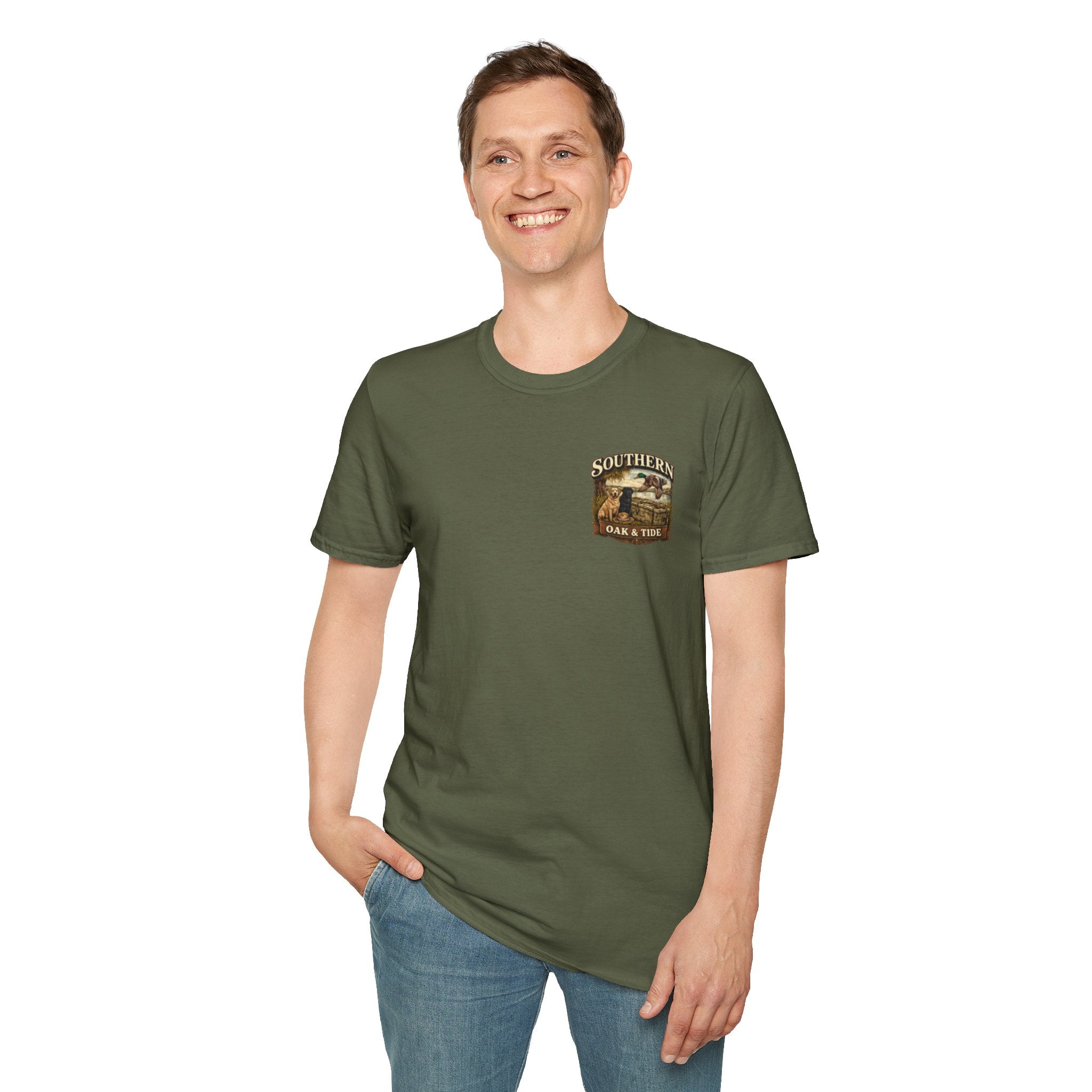 Southern Oak & Tide T-Shirt — Hunting Dogs, Duck & Sunset Graphic Tee