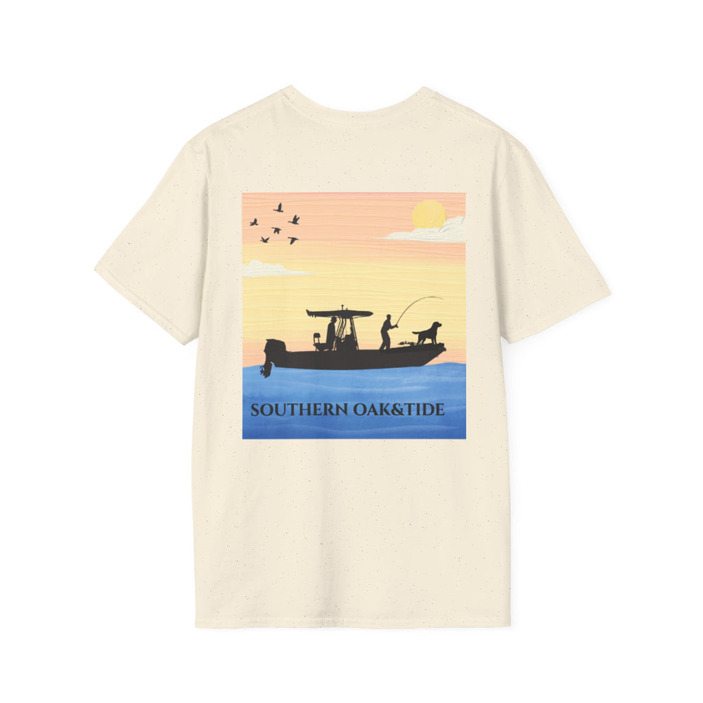 Southern Oaktide Fishing Tee — Sunset Boat Graphic T-Shirt
