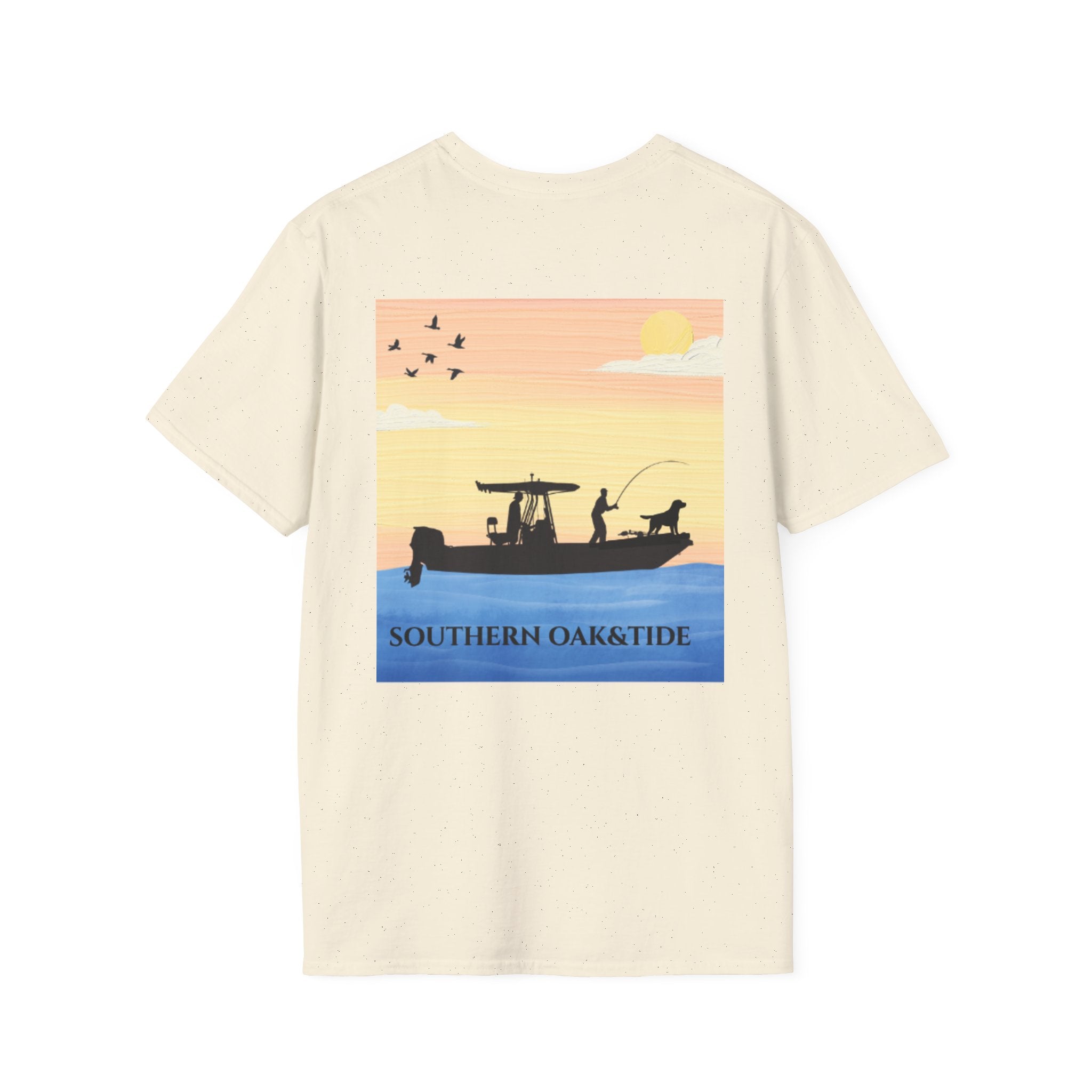 Southern Oaktide Fishing Tee — Sunset Boat Graphic T-Shirt