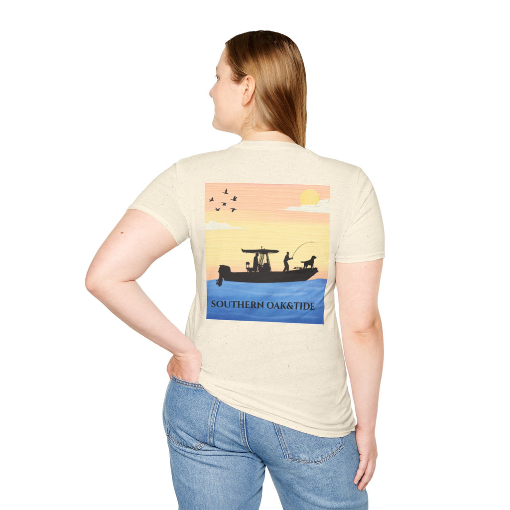 Southern Oaktide Fishing Tee — Sunset Boat Graphic T-Shirt