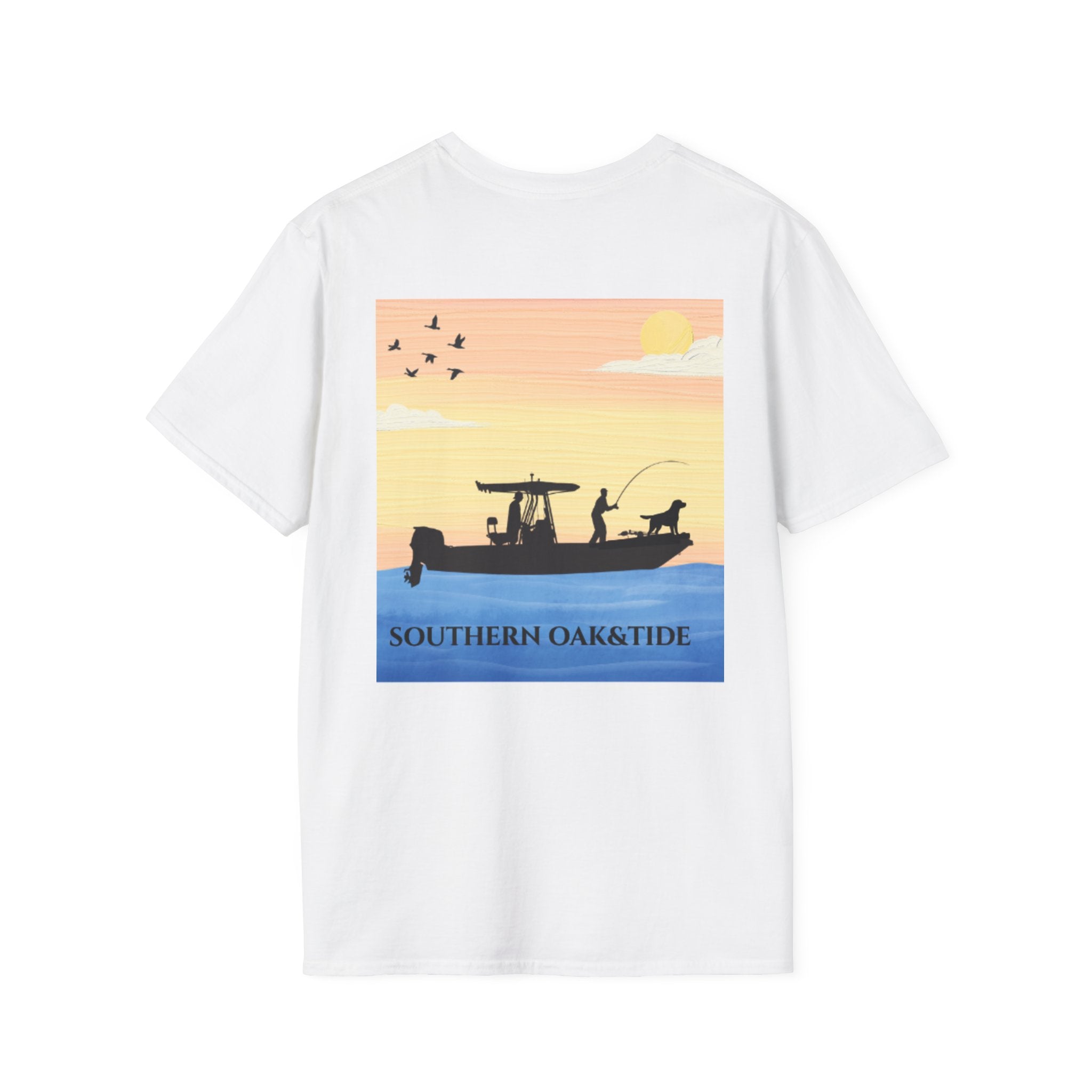 Southern Oaktide Fishing Tee — Sunset Boat Graphic T-Shirt