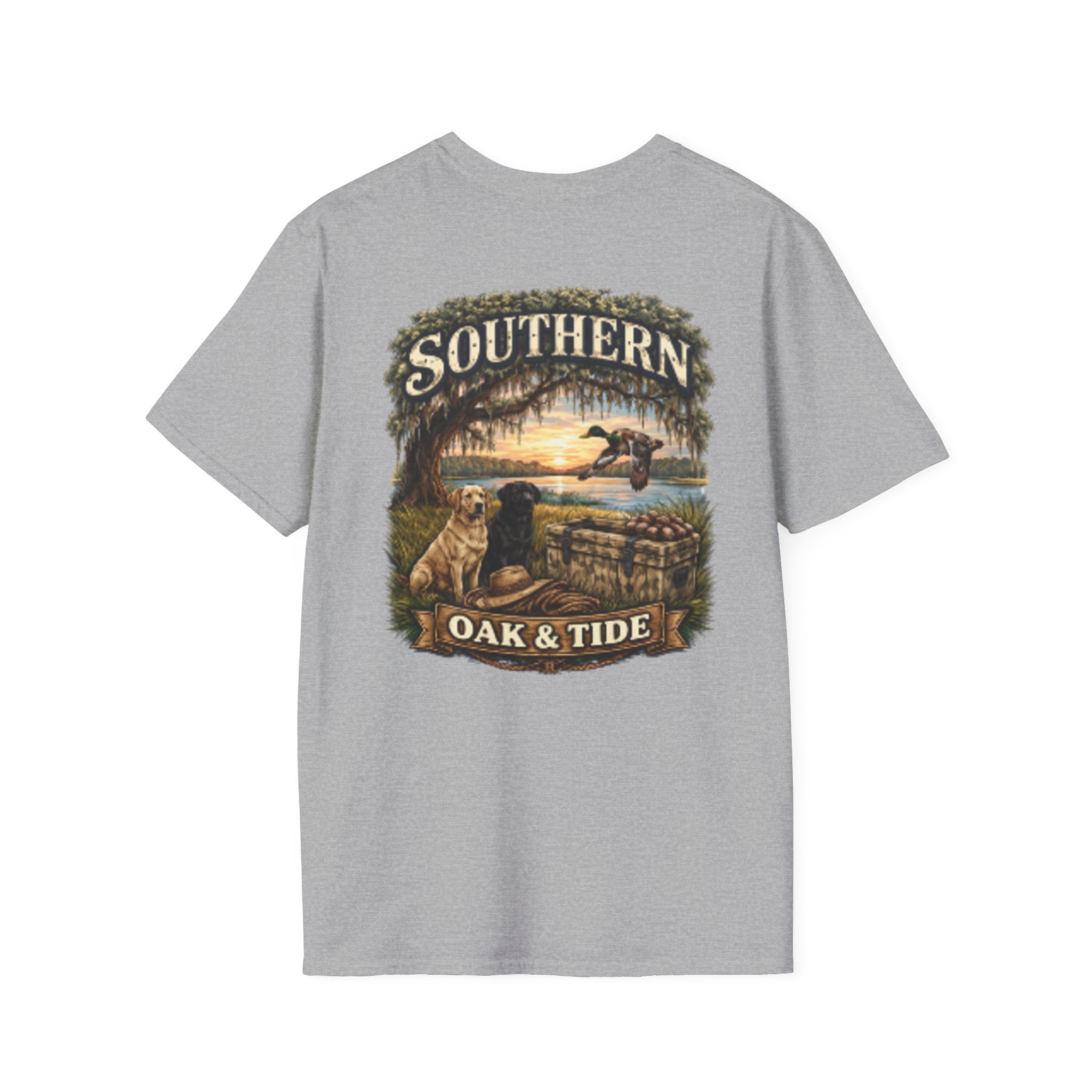 Southern Oak & Tide T-Shirt — Hunting Dogs, Duck & Sunset Graphic Tee