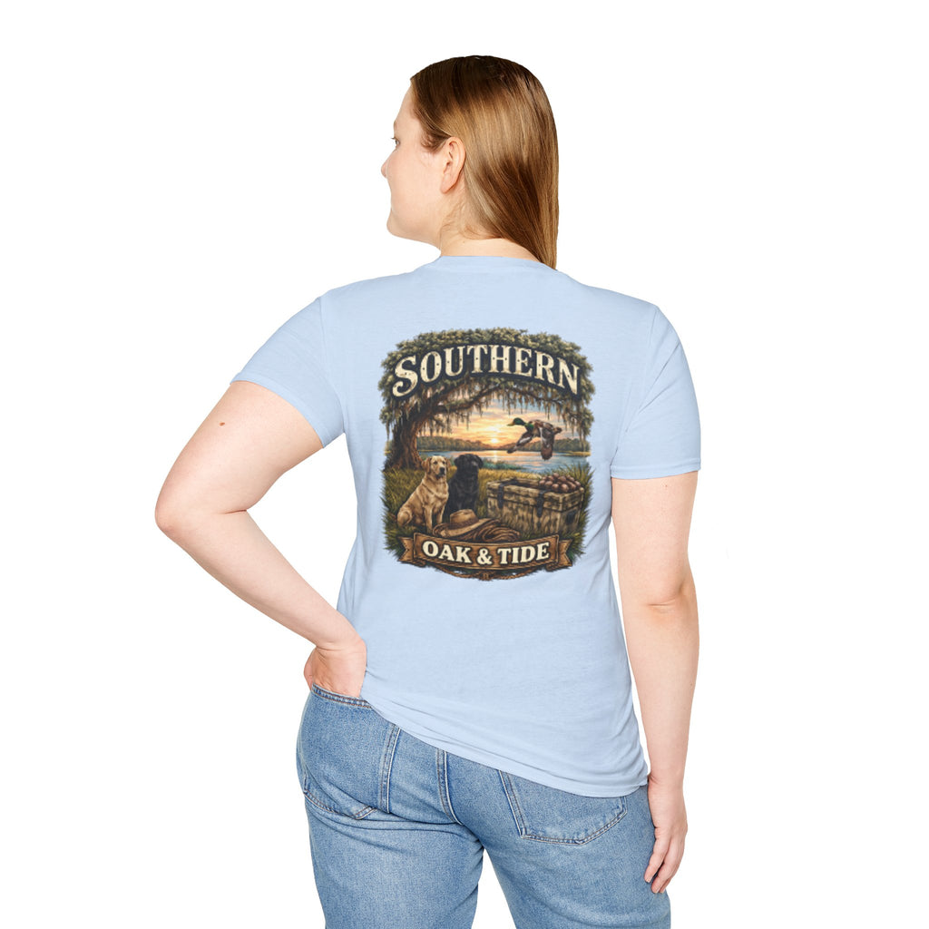 Southern Oak & Tide T-Shirt — Hunting Dogs, Duck & Sunset Graphic Tee