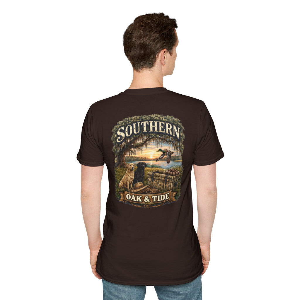 Southern Oak & Tide T-Shirt — Hunting Dogs, Duck & Sunset Graphic Tee
