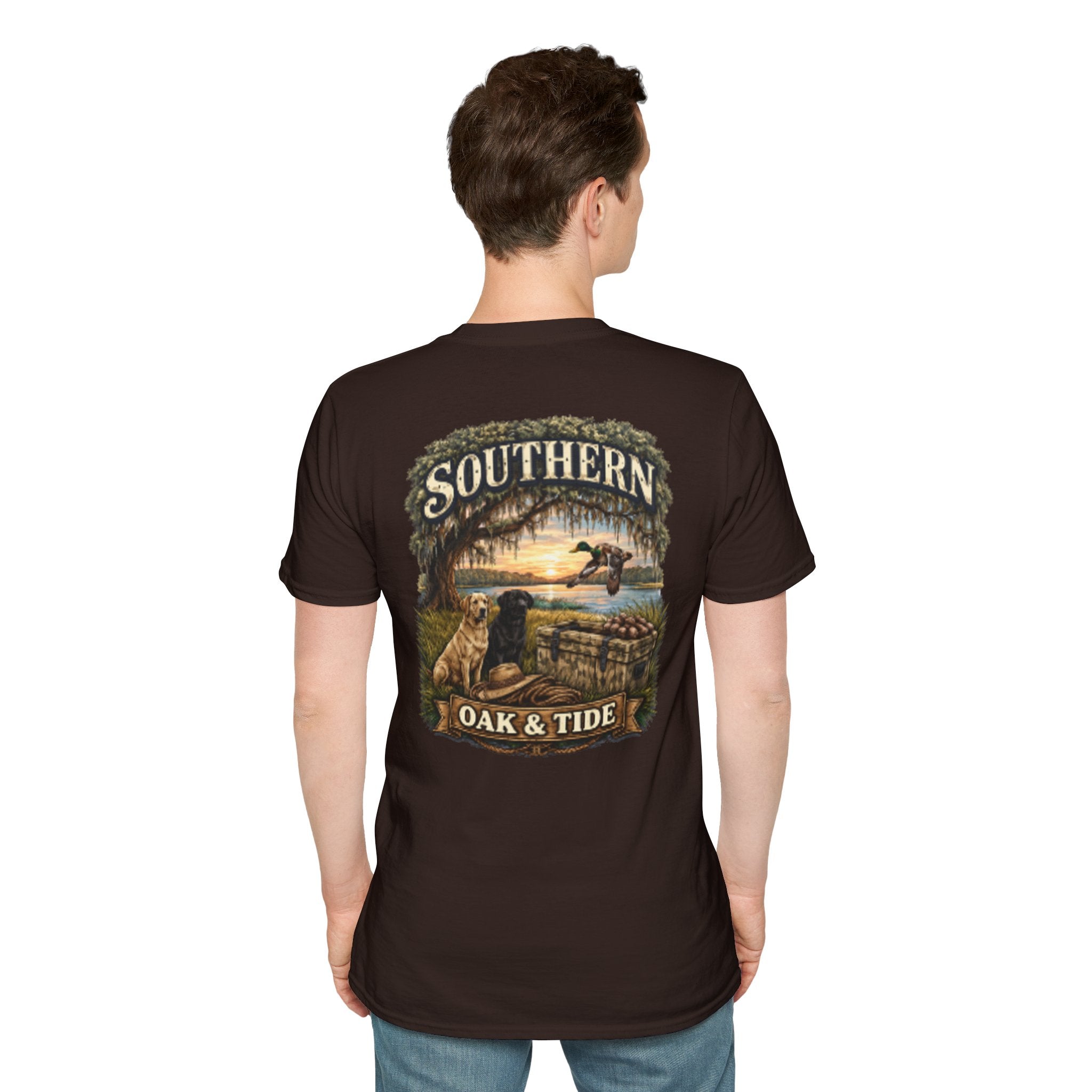 Southern Oak & Tide T-Shirt — Hunting Dogs, Duck & Sunset Graphic Tee