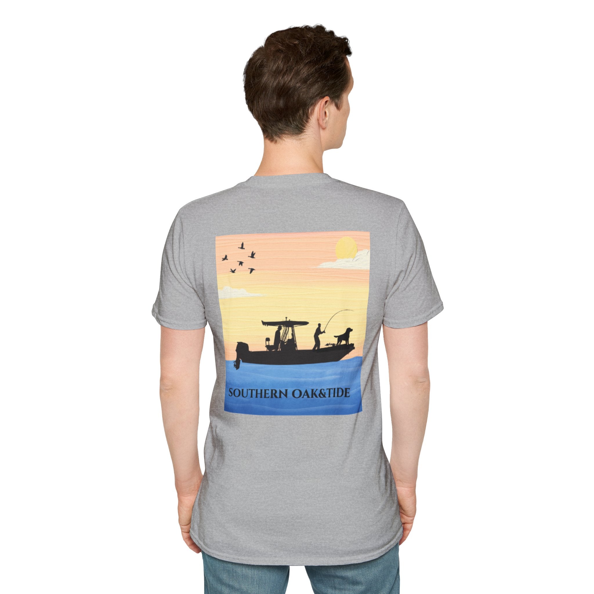Southern Oaktide Fishing Tee — Sunset Boat Graphic T-Shirt