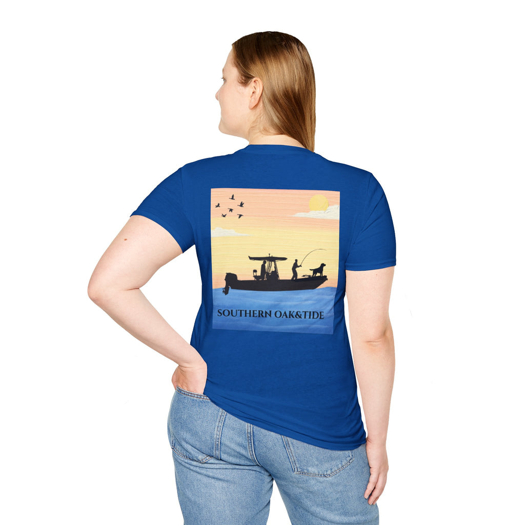 Southern Oaktide Fishing Tee — Sunset Boat Graphic T-Shirt