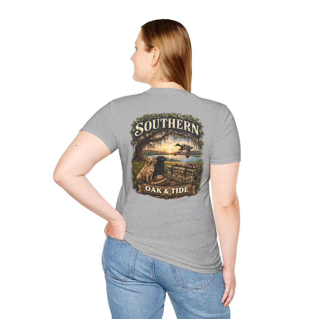 Southern Oak & Tide T-Shirt — Hunting Dogs, Duck & Sunset Graphic Tee