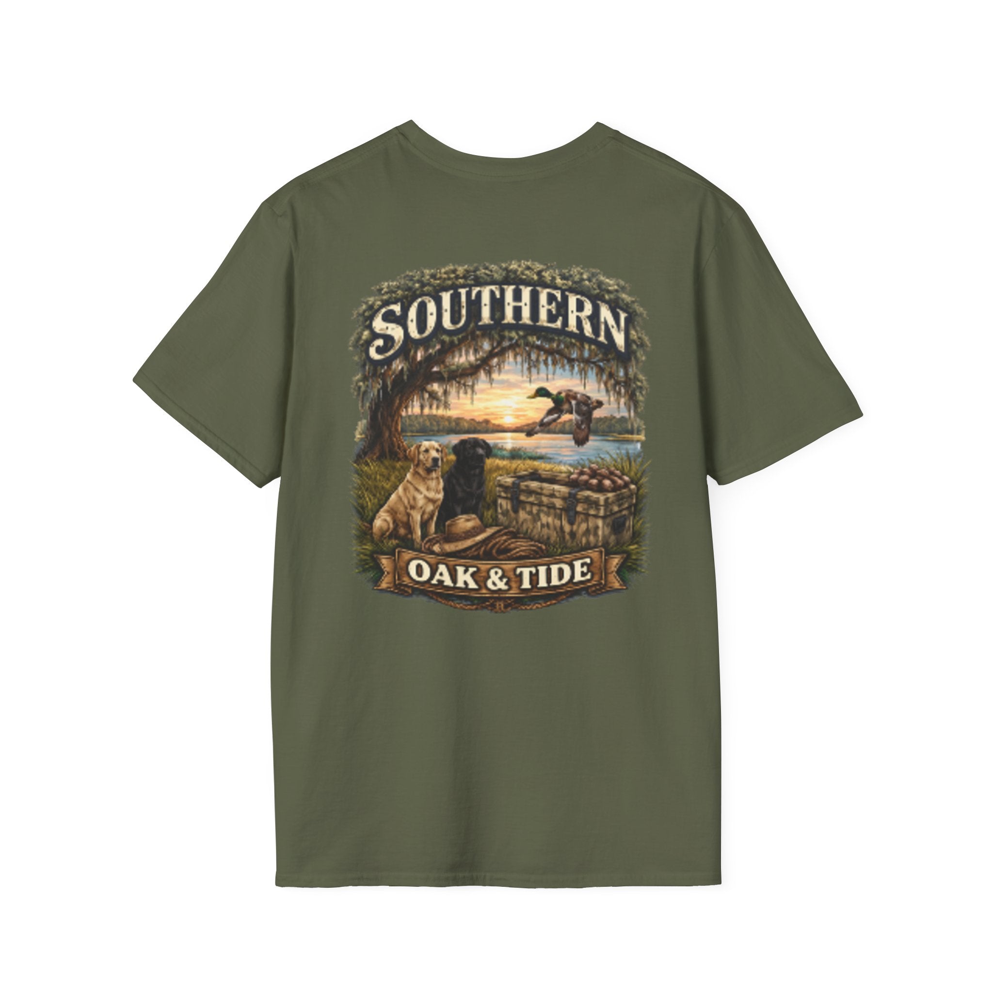 Southern Oak & Tide T-Shirt — Hunting Dogs, Duck & Sunset Graphic Tee