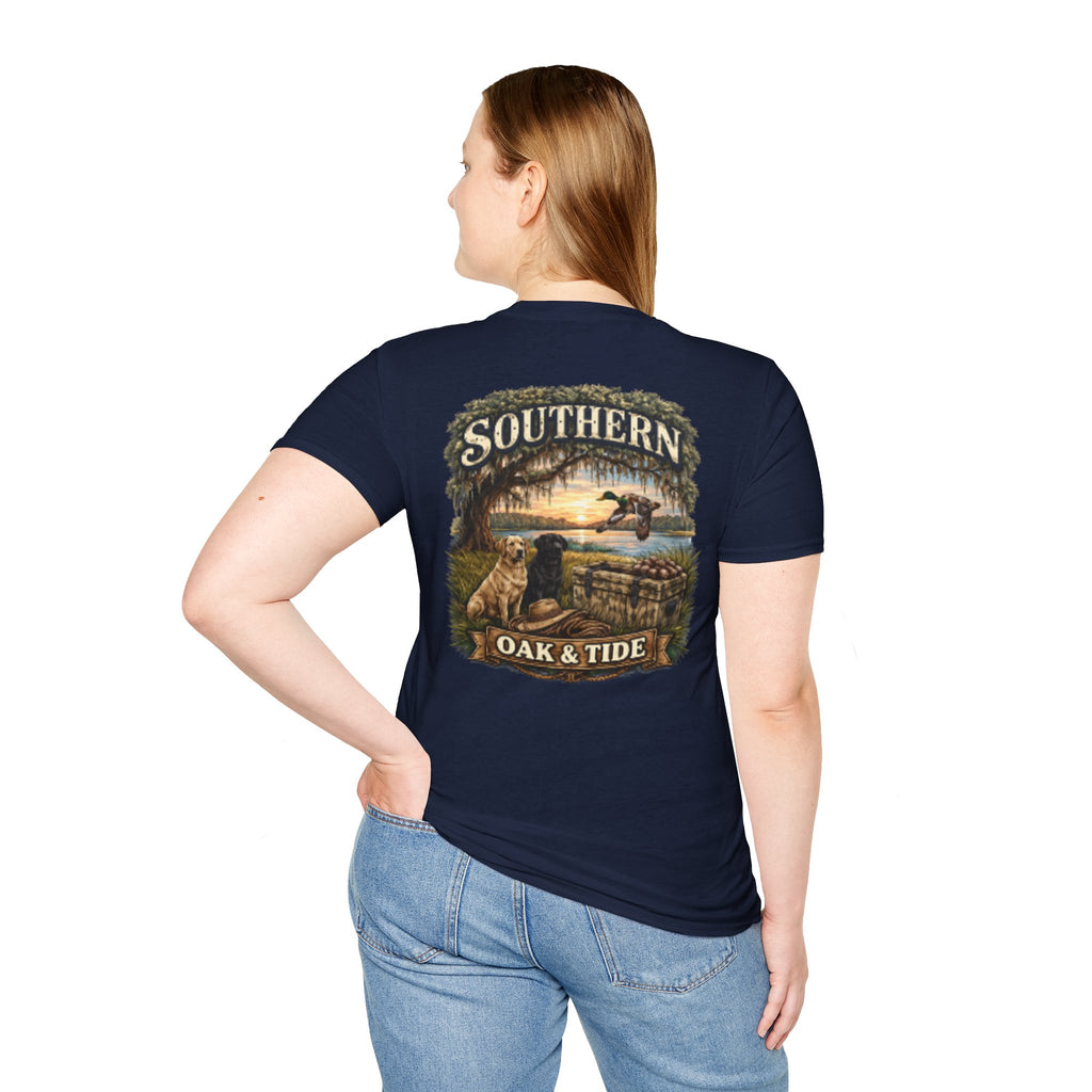 Southern Oak & Tide T-Shirt — Hunting Dogs, Duck & Sunset Graphic Tee