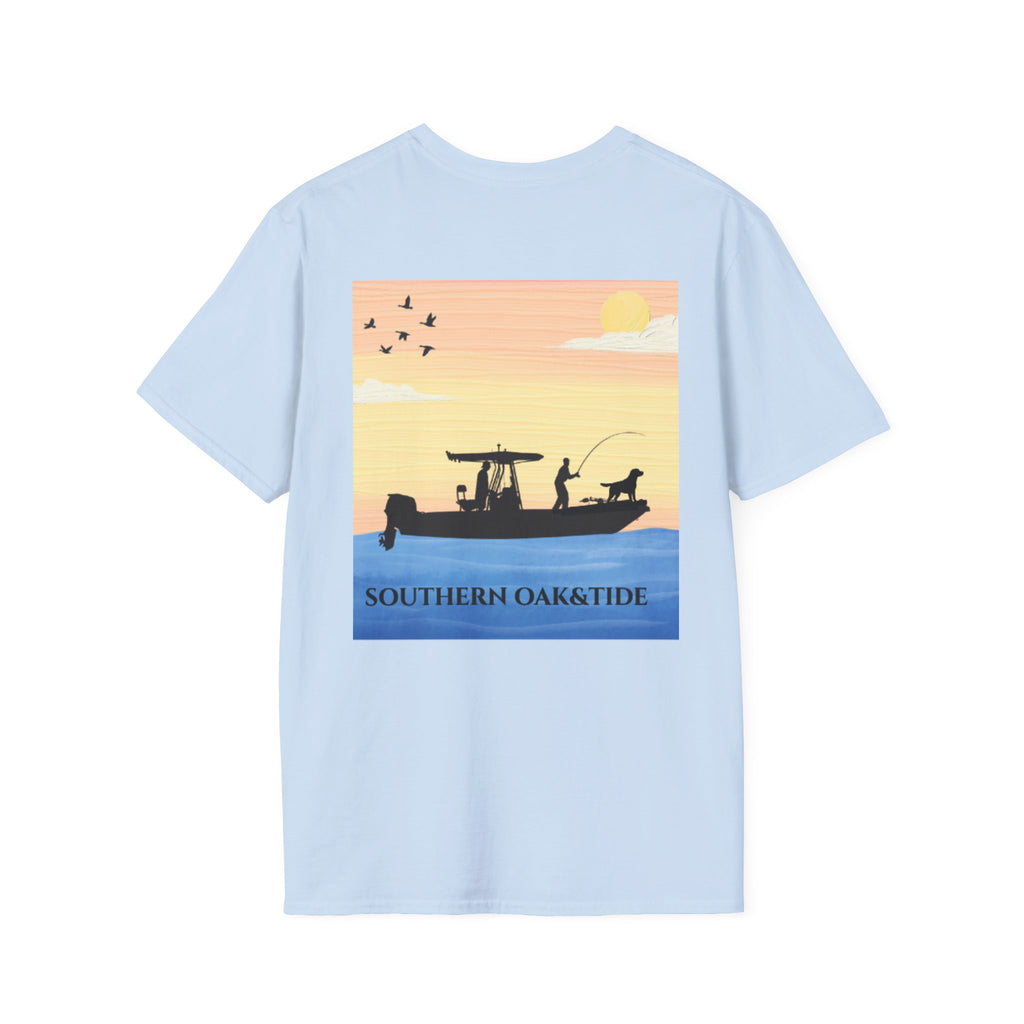 Southern Oaktide Fishing Tee — Sunset Boat Graphic T-Shirt