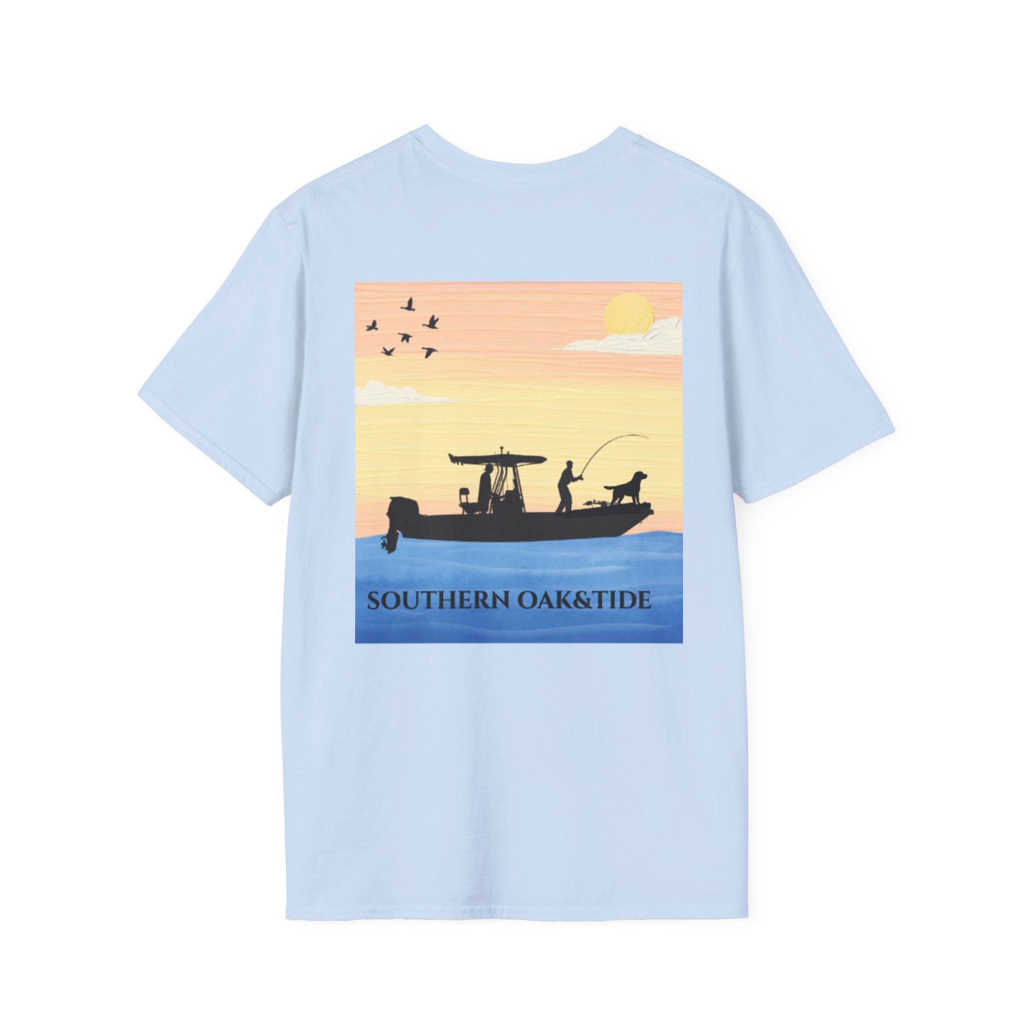 Southern Oaktide Fishing Tee — Sunset Boat Graphic T-Shirt
