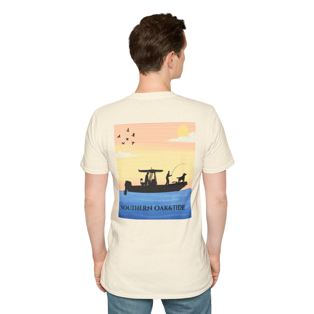 Southern Oaktide Fishing Tee — Sunset Boat Graphic T-Shirt