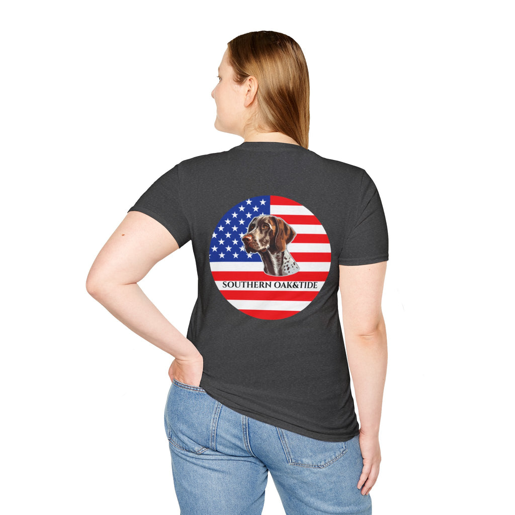 Patriotic Hunting Dog T-Shirt – “Southern Oak & Tide” USA Flag Tee