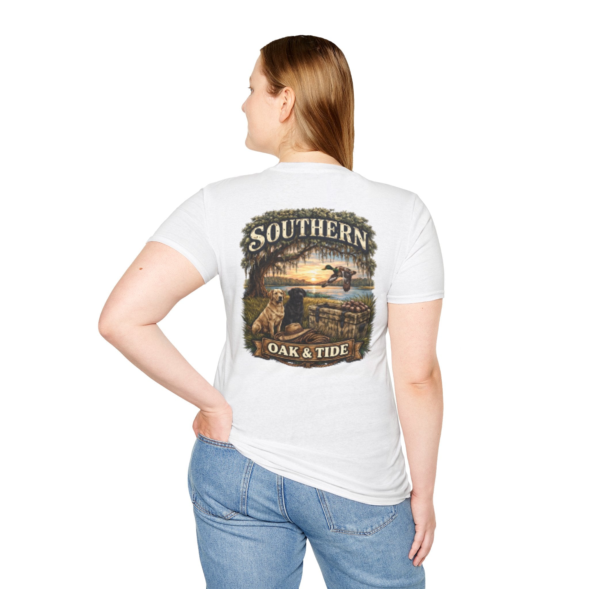 Southern Oak & Tide T-Shirt — Hunting Dogs, Duck & Sunset Graphic Tee