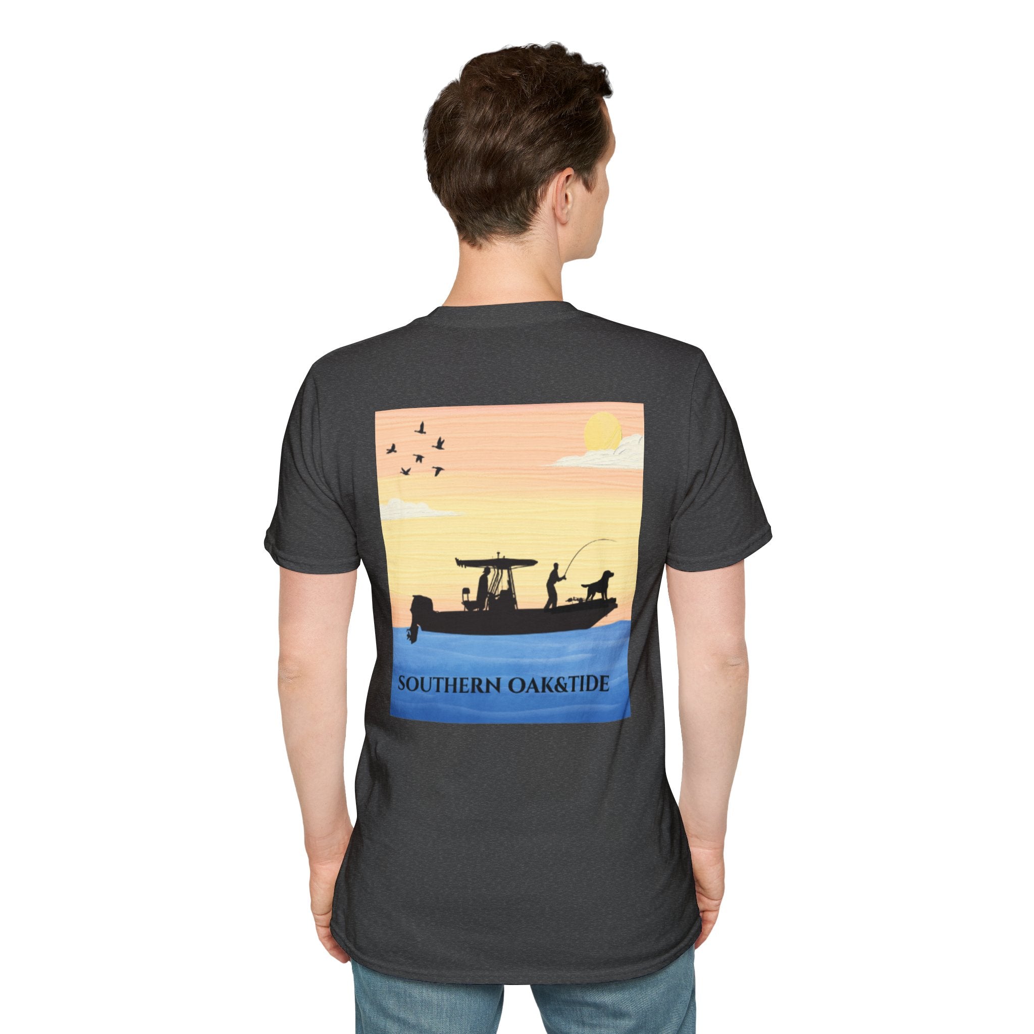 Southern Oaktide Fishing Tee — Sunset Boat Graphic T-Shirt