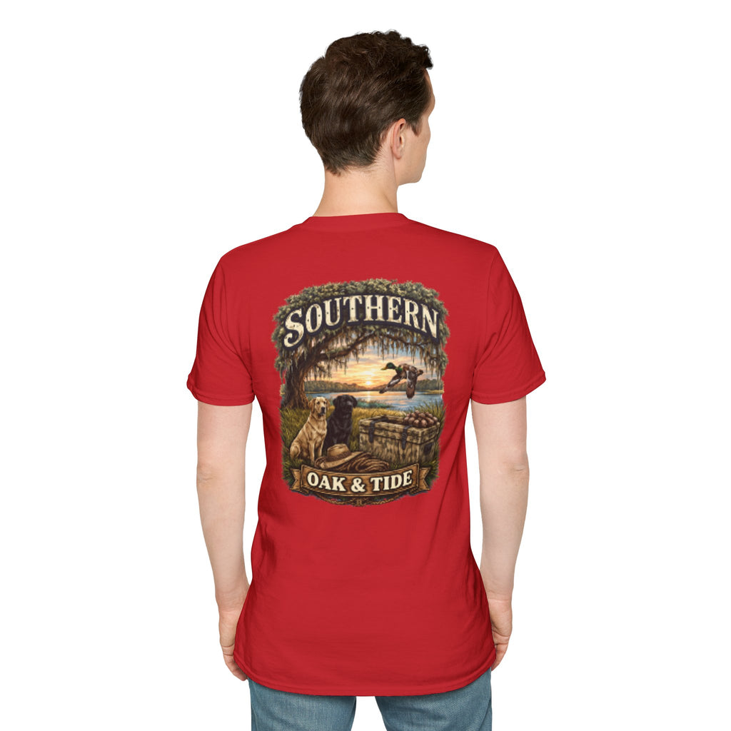 Southern Oak & Tide T-Shirt — Hunting Dogs, Duck & Sunset Graphic Tee