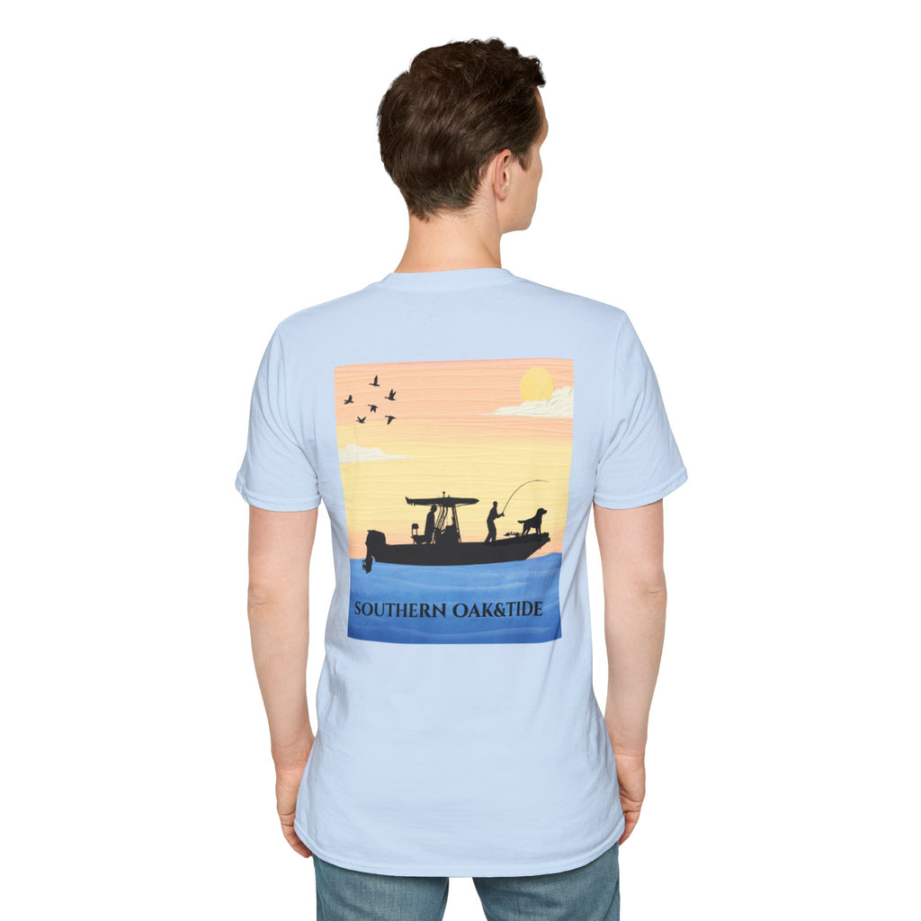 Southern Oaktide Fishing Tee — Sunset Boat Graphic T-Shirt