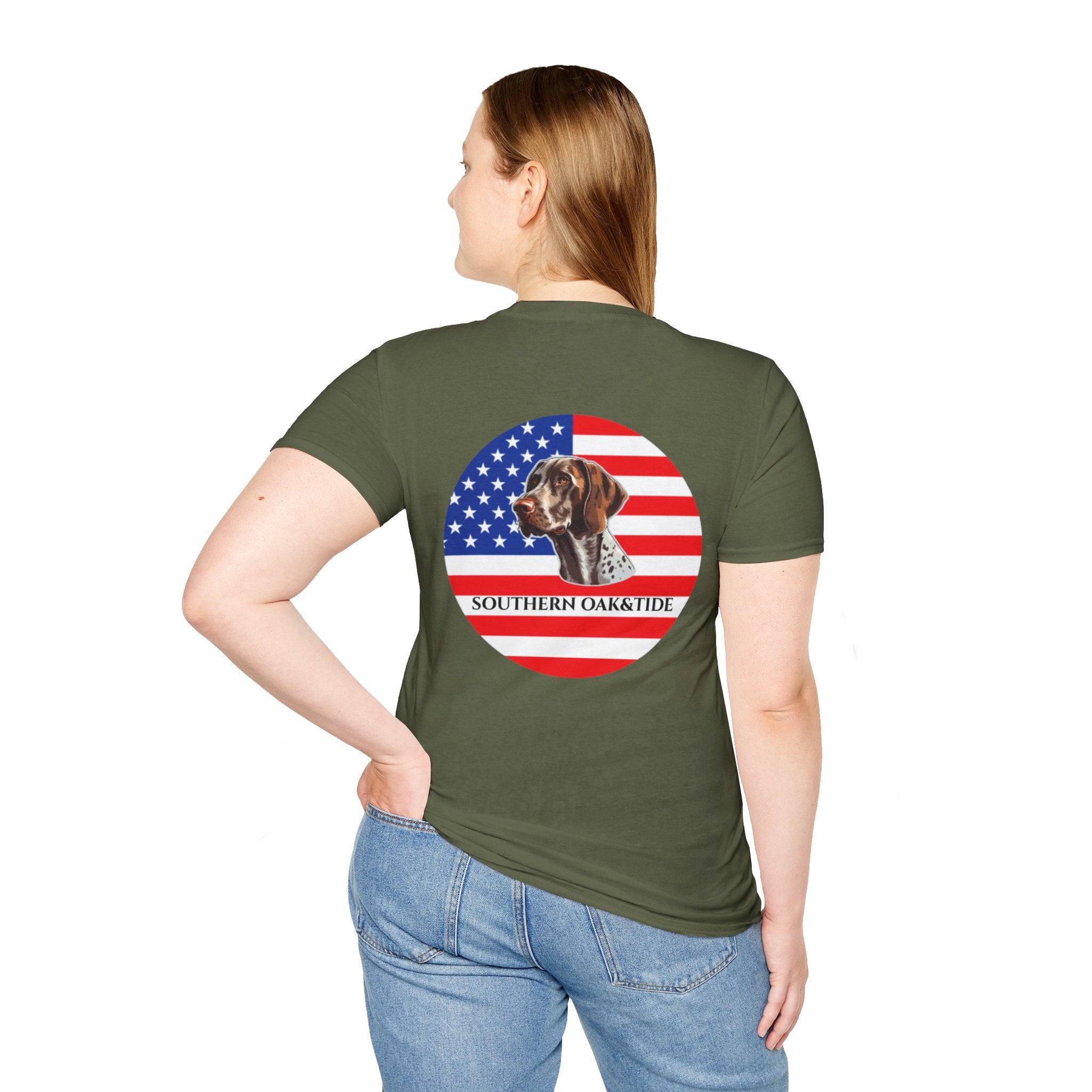 Patriotic Hunting Dog T-Shirt – “Southern Oak & Tide” USA Flag Tee