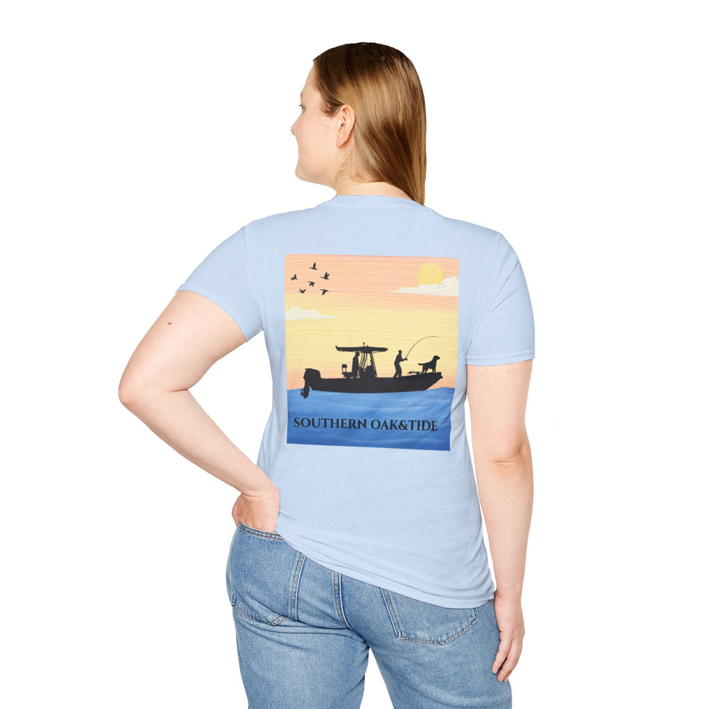 Southern Oaktide Fishing Tee — Sunset Boat Graphic T-Shirt
