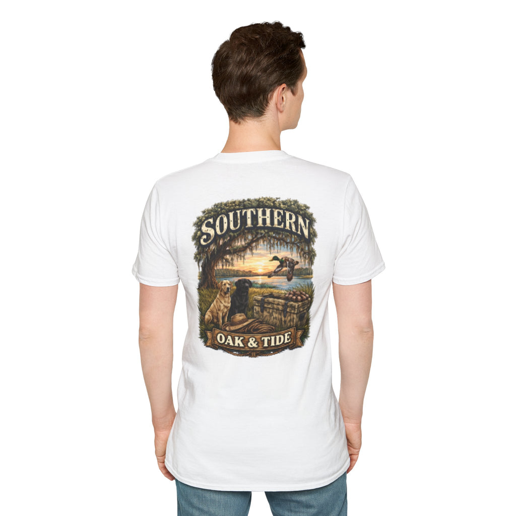Southern Oak & Tide T-Shirt — Hunting Dogs, Duck & Sunset Graphic Tee