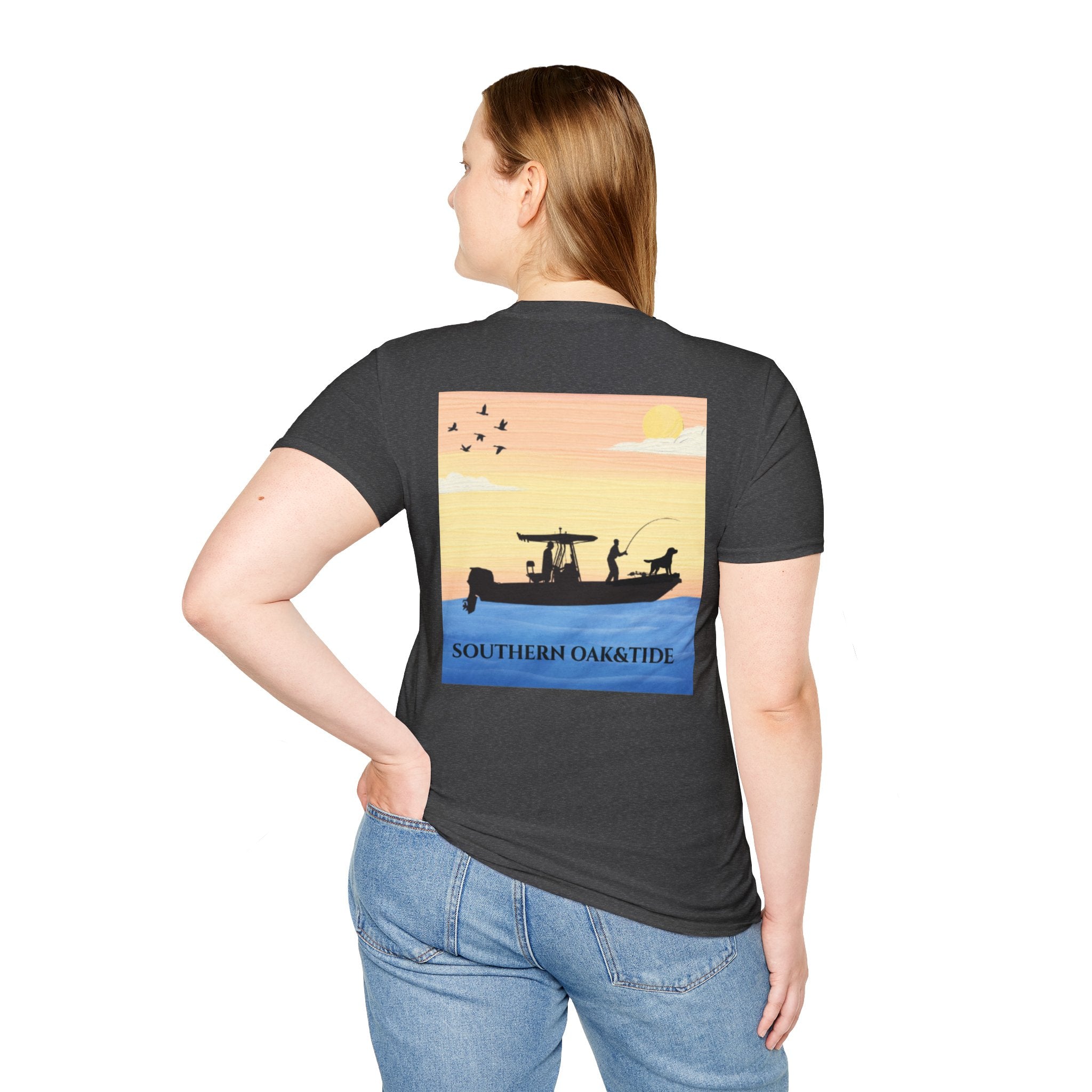 Southern Oaktide Fishing Tee — Sunset Boat Graphic T-Shirt