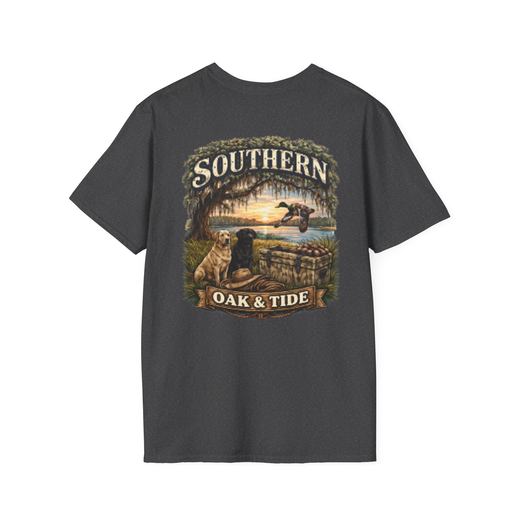 Southern Oak & Tide T-Shirt — Hunting Dogs, Duck & Sunset Graphic Tee