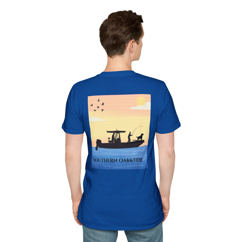 Southern Oaktide Fishing Tee — Sunset Boat Graphic T-Shirt