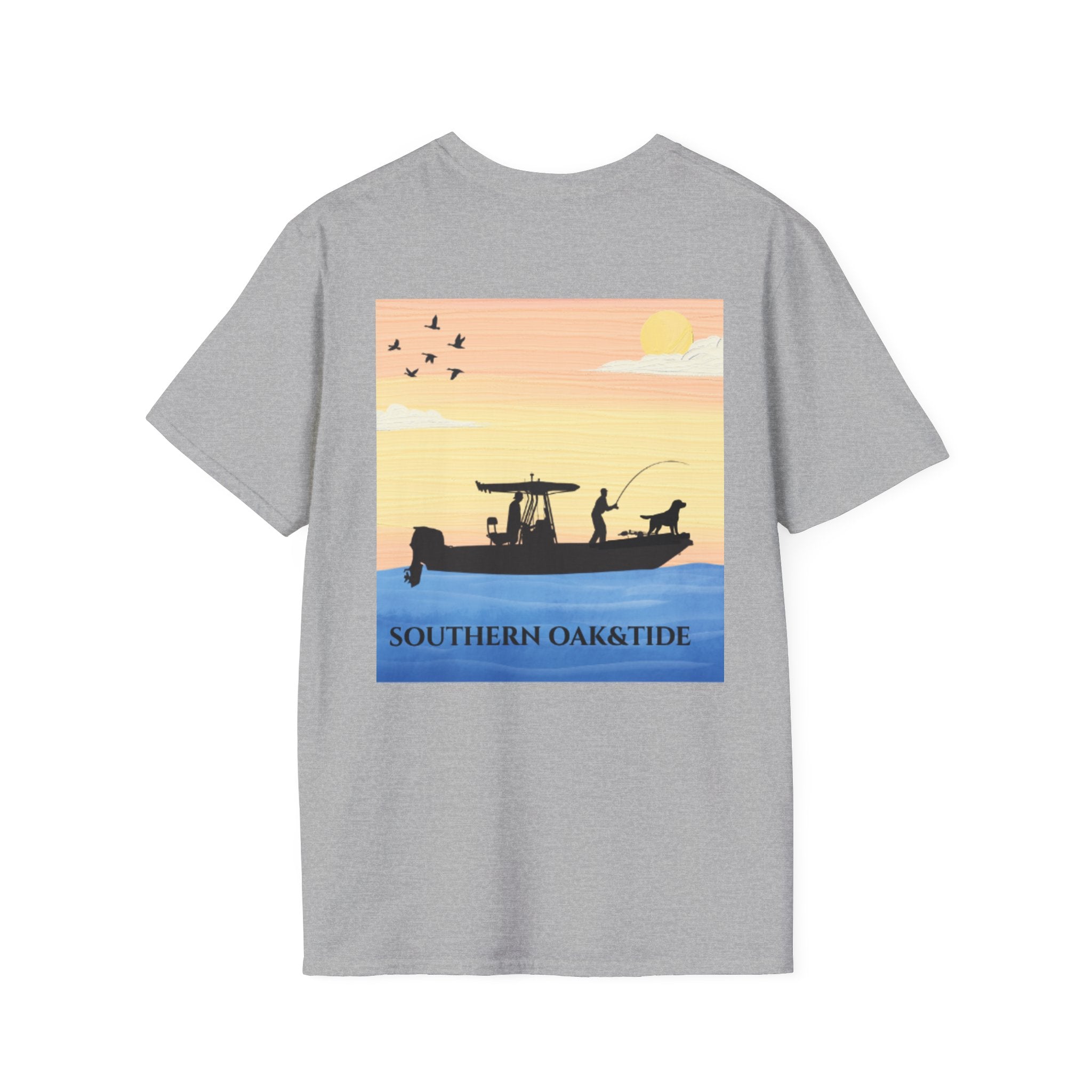 Southern Oaktide Fishing Tee — Sunset Boat Graphic T-Shirt