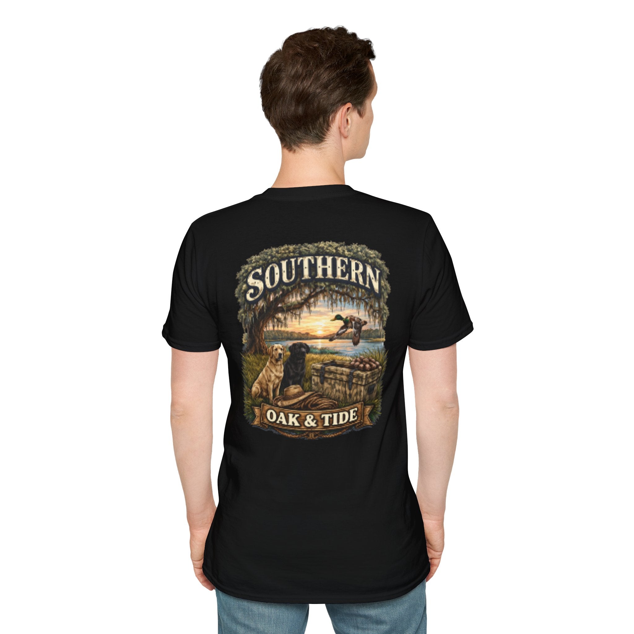 Southern Oak & Tide T-Shirt — Hunting Dogs, Duck & Sunset Graphic Tee