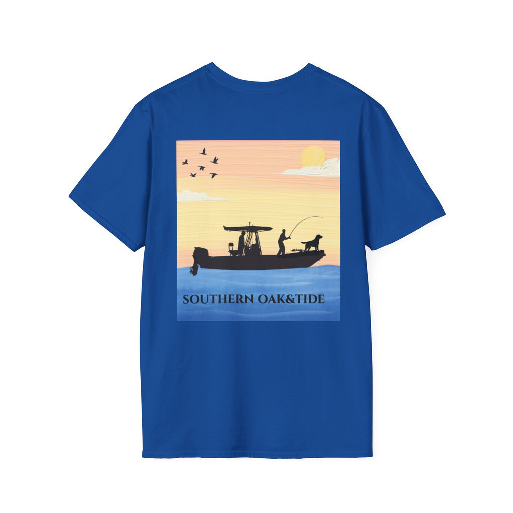 Southern Oaktide Fishing Tee — Sunset Boat Graphic T-Shirt