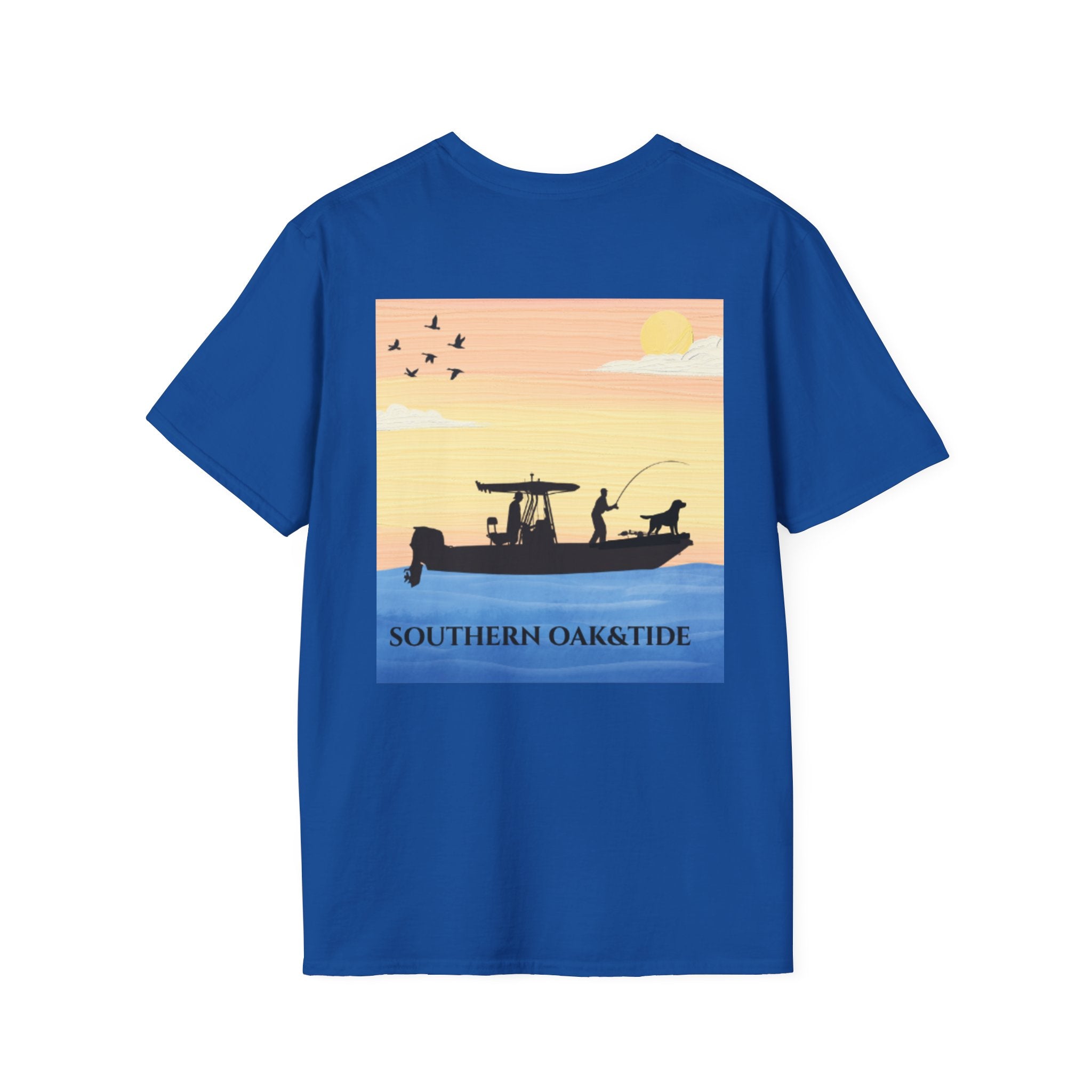 Southern Oaktide Fishing Tee — Sunset Boat Graphic T-Shirt