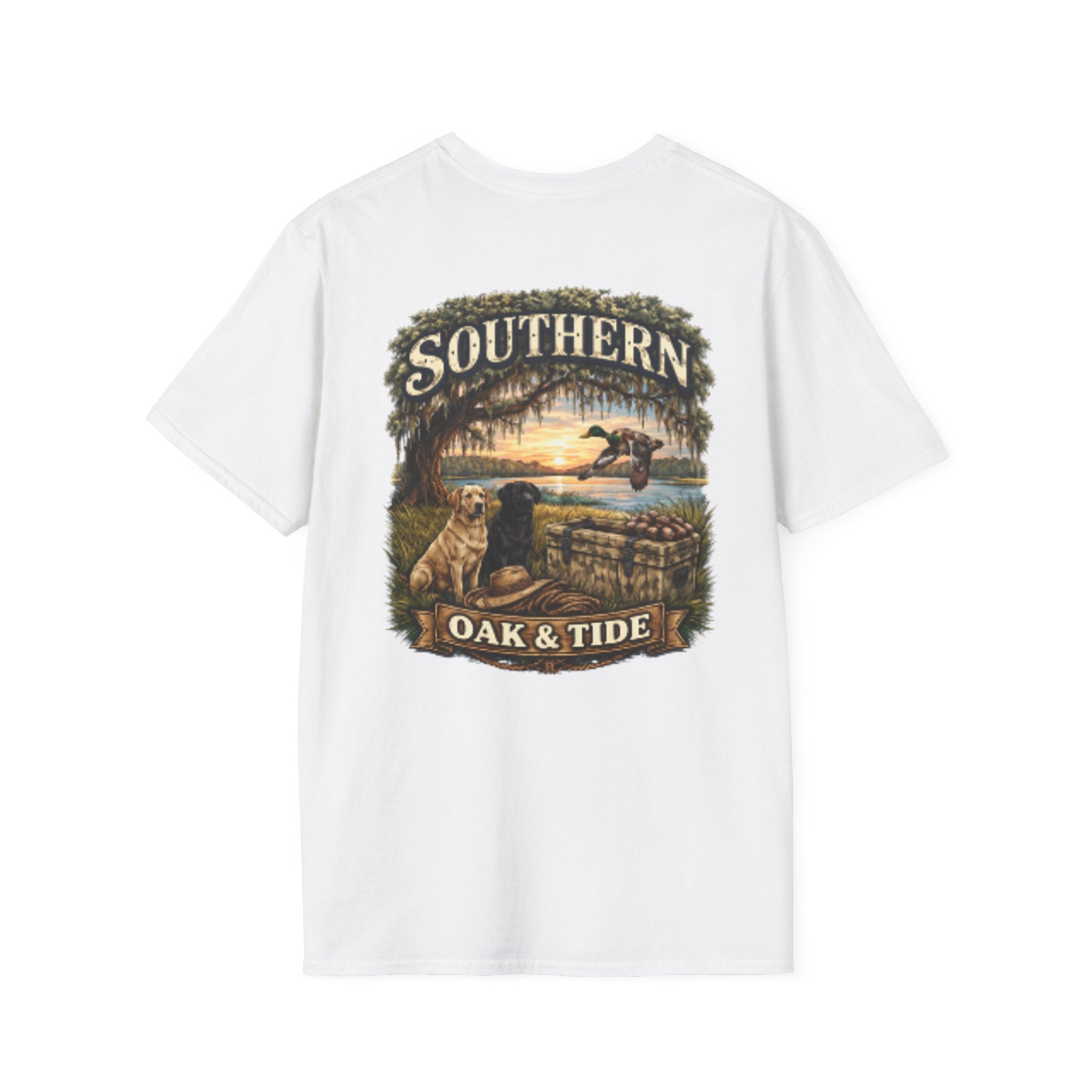 Southern Oak & Tide T-Shirt — Hunting Dogs, Duck & Sunset Graphic Tee