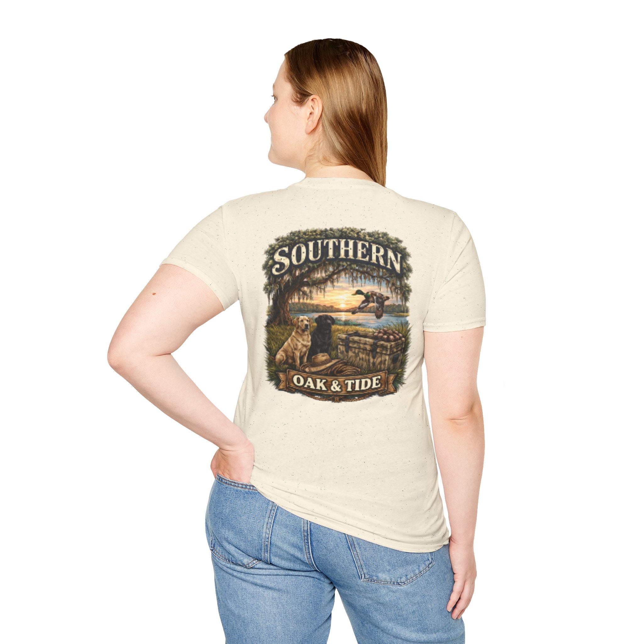 Southern Oak & Tide T-Shirt — Hunting Dogs, Duck & Sunset Graphic Tee