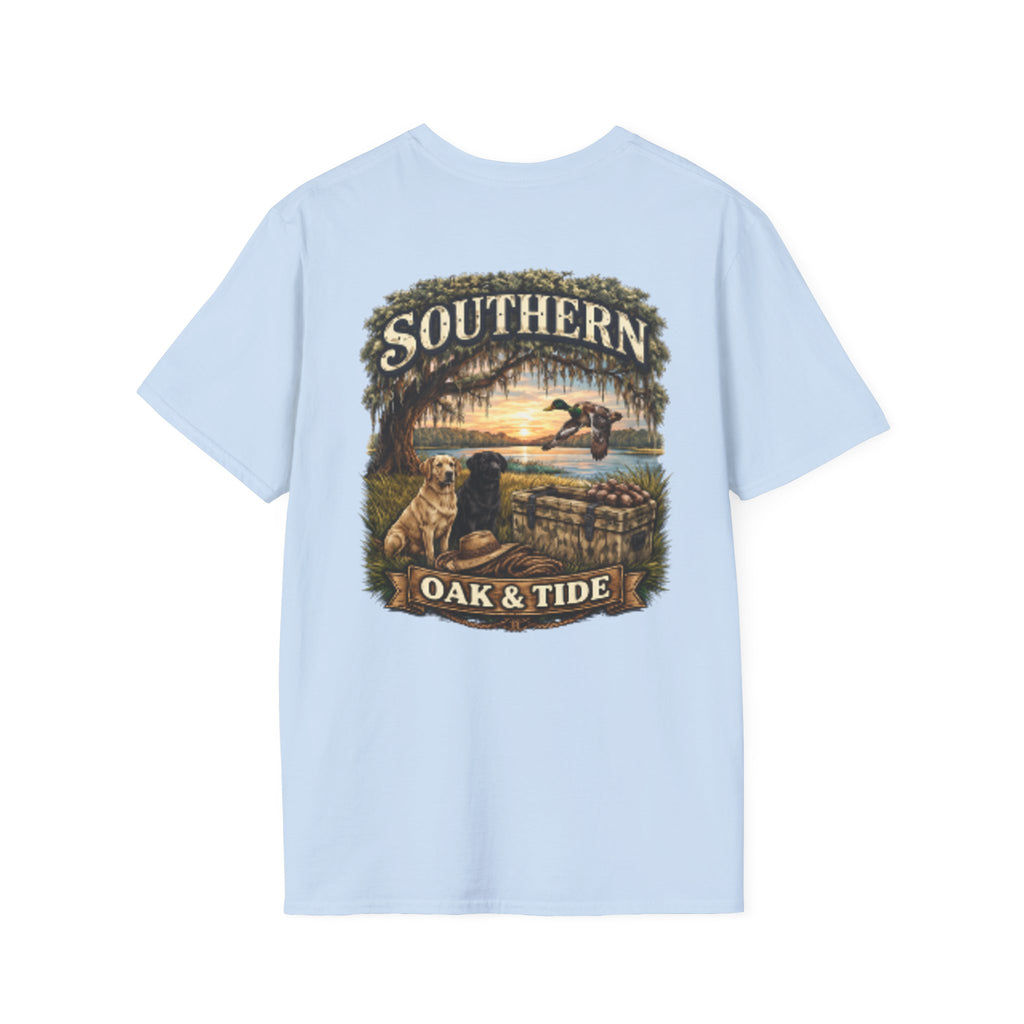 Southern Oak & Tide T-Shirt — Hunting Dogs, Duck & Sunset Graphic Tee