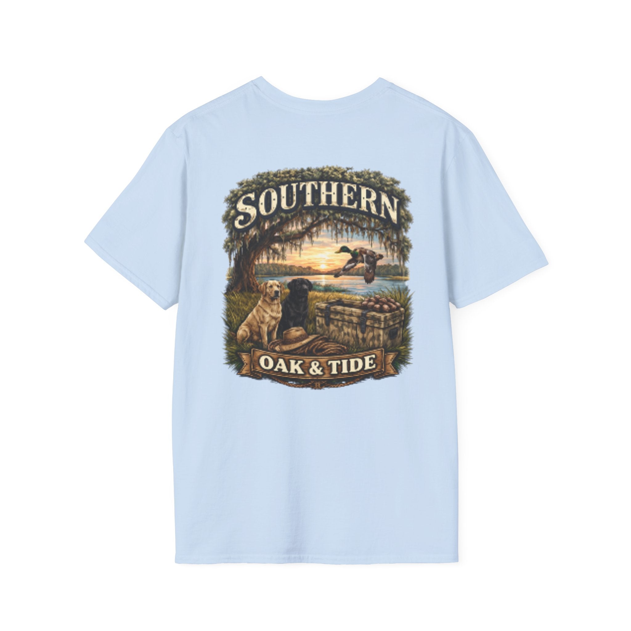 Southern Oak & Tide T-Shirt — Hunting Dogs, Duck & Sunset Graphic Tee