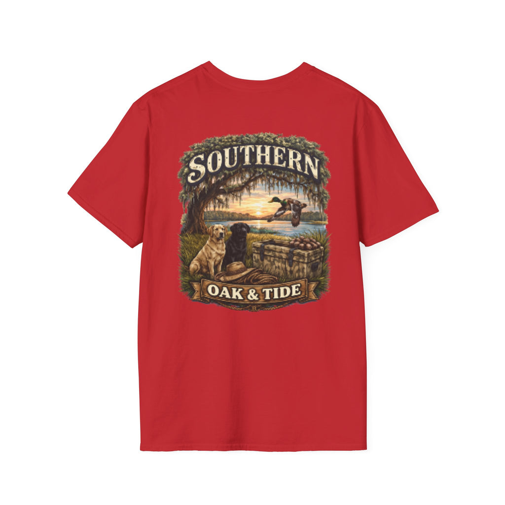 Southern Oak & Tide T-Shirt — Hunting Dogs, Duck & Sunset Graphic Tee