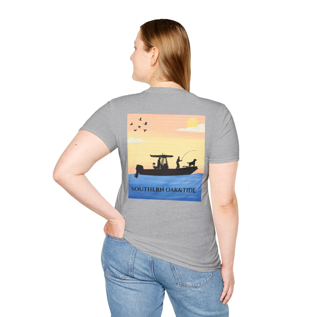 Southern Oaktide Fishing Tee — Sunset Boat Graphic T-Shirt