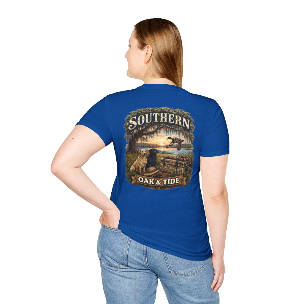 Southern Oak & Tide T-Shirt — Hunting Dogs, Duck & Sunset Graphic Tee