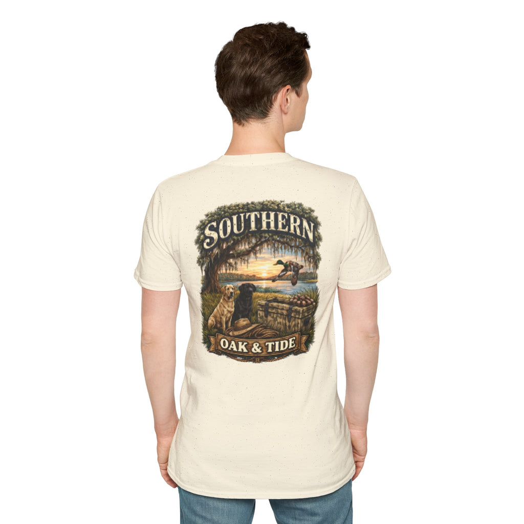 Southern Oak & Tide T-Shirt — Hunting Dogs, Duck & Sunset Graphic Tee
