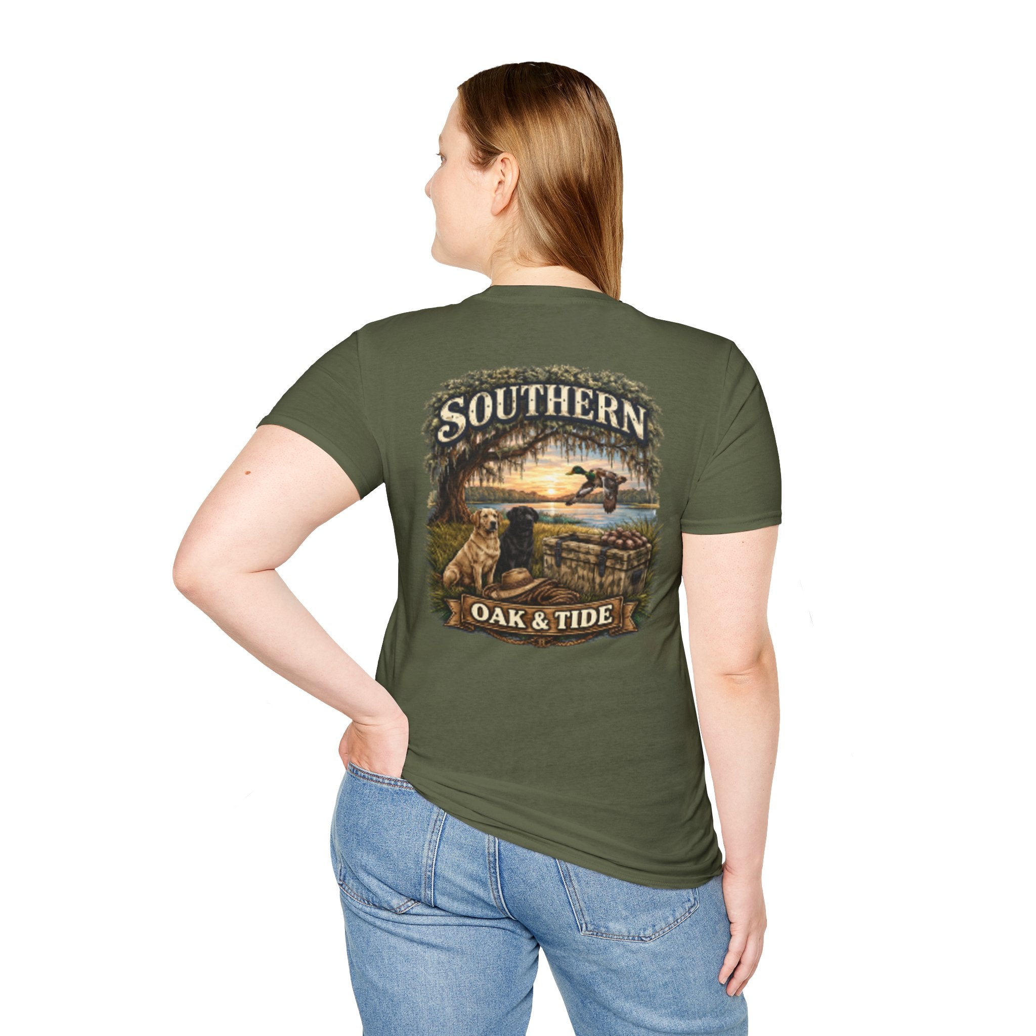 Southern Oak & Tide T-Shirt — Hunting Dogs, Duck & Sunset Graphic Tee