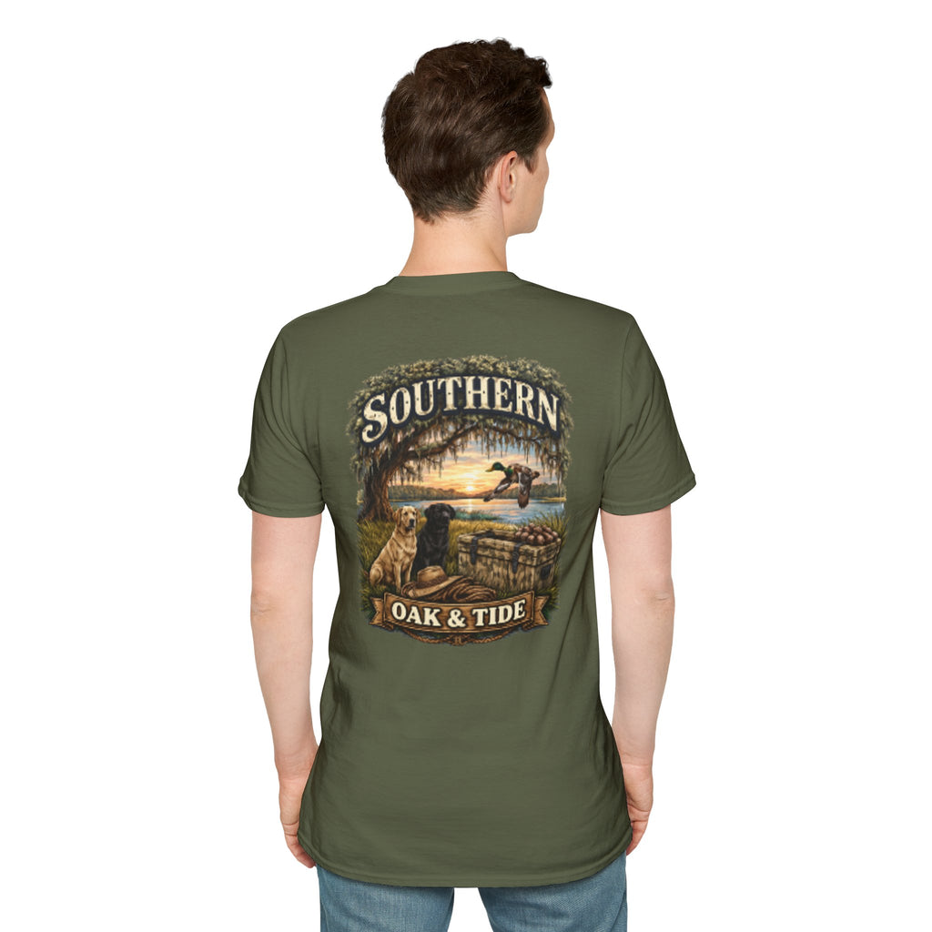 Southern Oak & Tide T-Shirt — Hunting Dogs, Duck & Sunset Graphic Tee