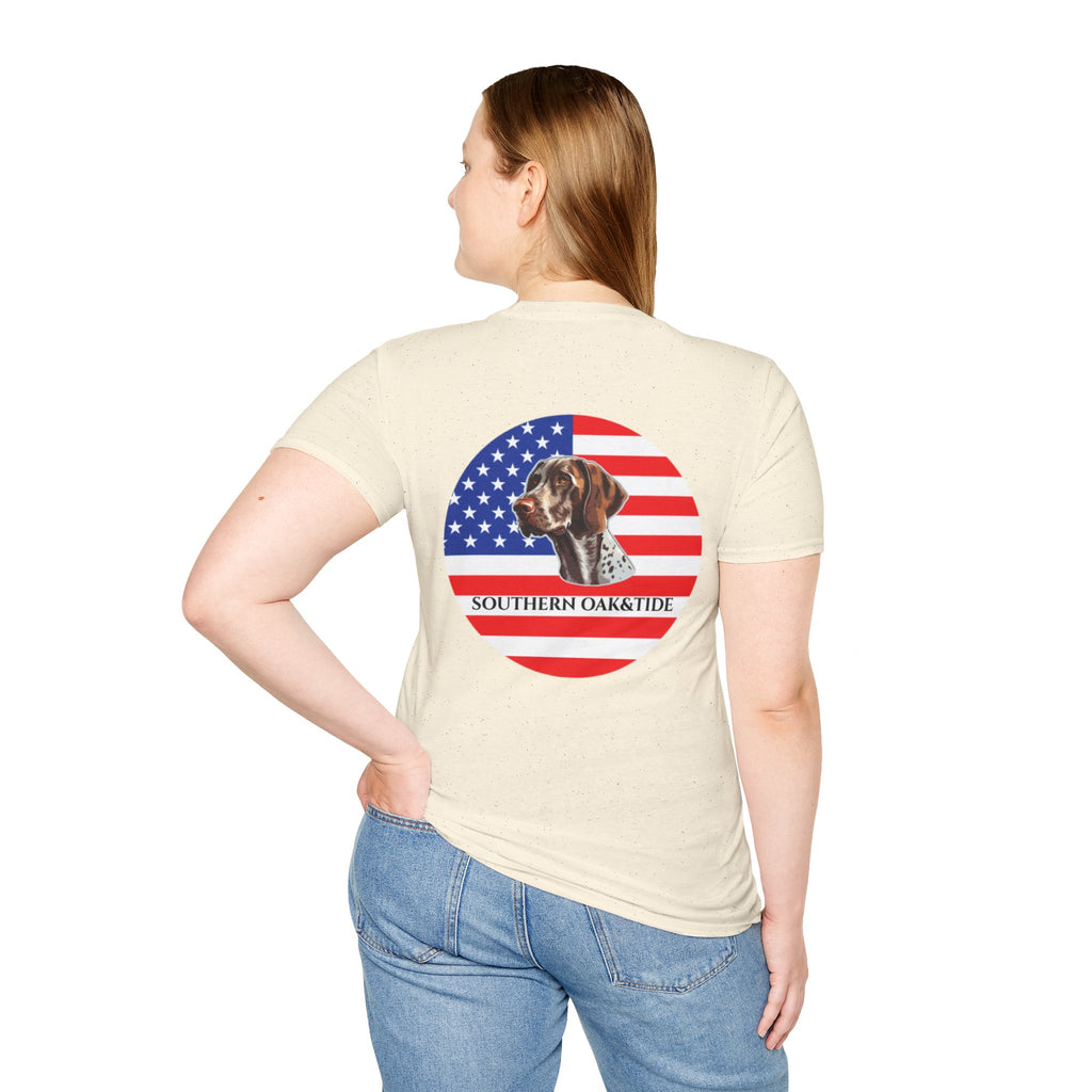 Patriotic Hunting Dog T-Shirt – “Southern Oak & Tide” USA Flag Tee