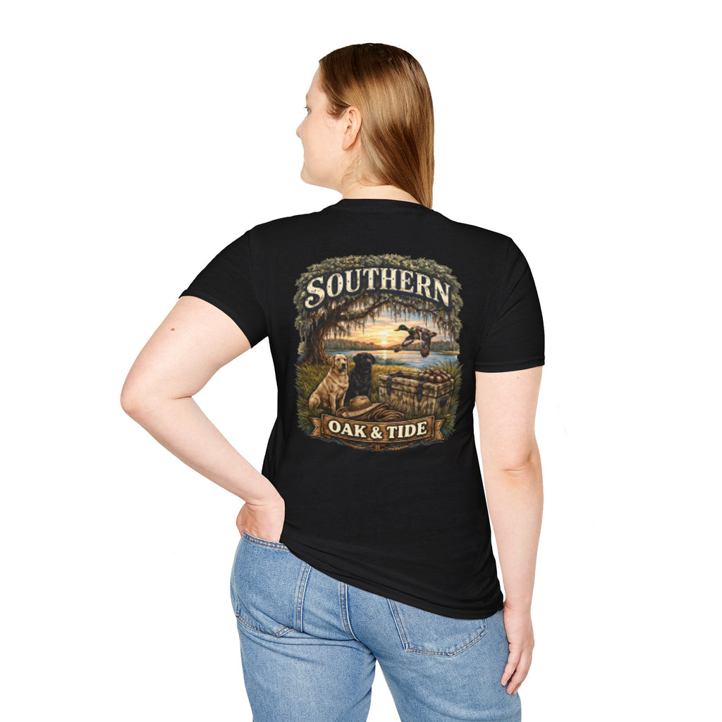 Southern Oak & Tide T-Shirt — Hunting Dogs, Duck & Sunset Graphic Tee