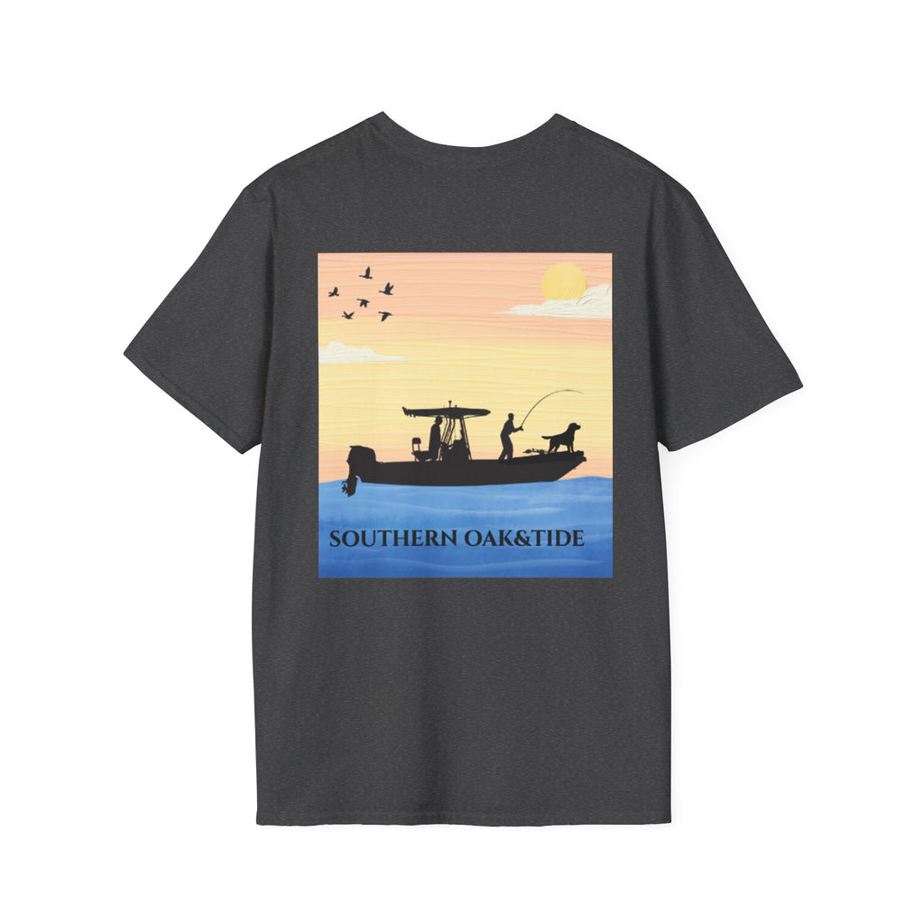 Southern Oaktide Fishing Tee — Sunset Boat Graphic T-Shirt